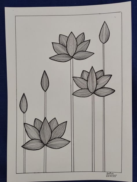 Pichwai Lotus Sketch Outline, Simple Doodle Patterns, Indian Doodle Art, Madhubani Painting Easy, Simple Flower Drawing, Easy Mandala Drawing, Nature Art Drawings, Mandala Art Therapy, Pen Art Drawings