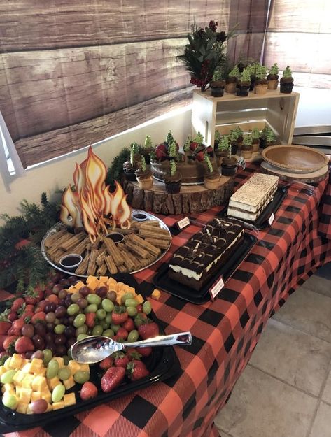 Outside Camping Birthday Party Ideas, Campout Themed Birthday Party, Christmas Campout Ideas, Woodsy Theme Birthday Party, Lumber Jack Party Food Ideas, Christmas Campfire Party, Wilderness One Birthday, Birthday Party While Camping, Camp Theme Charcuterie Board