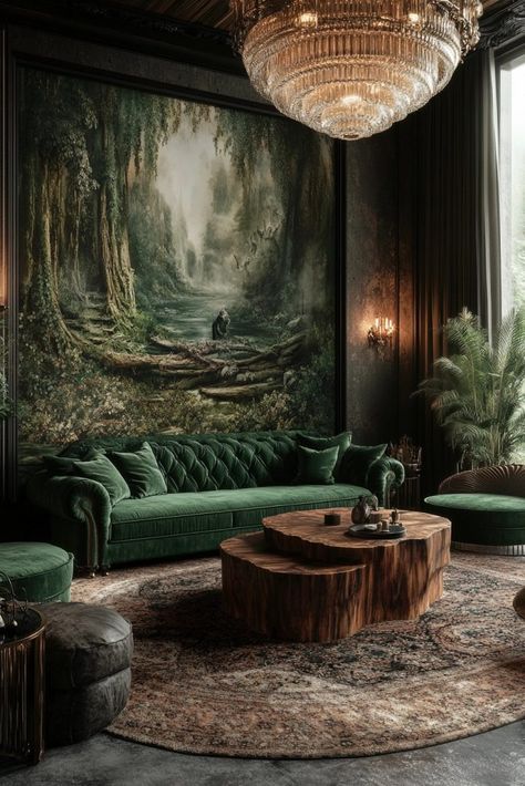 29 Green Living Room Ideas to Refresh Your Home's Style Living Room Forest Theme, Enchanted Forest Interior Design, Forest Living Room Ideas, Black And Olive Green Living Room, Emerald Green House Interior Design, Forest Green Apartment, Forest Themed Living Room, Green Couch Living Room Colour Schemes, Enchanted Forest House