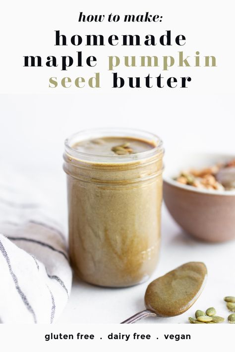 This delicious recipe will teach you how to make homemade vegan pumpkin seed butter with maple, cinnamon, and salt. Starting with raw pumpkin seeds that get roasted to perfection you can make this diy healthy pumpkin seed butter and learn the uses and health benefits for it too! Pumpkin Seed Butter Recipes, Date Smoothie Recipes, Homemade Pumpkin Seeds, Pumpkin Seeds Benefits, Pumpkin Seed Recipes, Pumpkin Seed Butter, Raw Pumpkin Seeds, Maple Pumpkin, Paleo Pumpkin