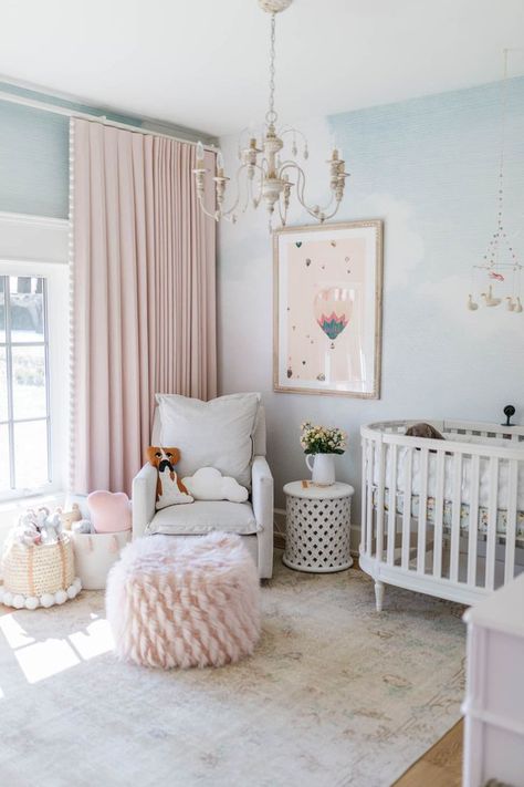 Ella's Room | Follow our Pinterest page at @deuxpardeuxKIDS for more kidswear, kids room and parenting ideas Nursery With Large Window, Blush Nursery Wallpaper, Light Blush Nursery, No Closet Wardrobe Ideas, Blush Curtains Nursery, Earthy Pink Nursery, Not Pink Girl Nursery, Nursery With Wood Trim, Dreamy Nursery Girl