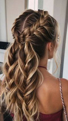 Pulled Back Braided Hairstyles Wedding, Braided Hairstyles For Wedding Bridesmaid Half Up Medium Lengths, Long Hair Concert Styles, Home Coming Hairstyles Half Up Half Down, Braided Hair Styles For Wedding, Braided Hairstyles Crown, Complex Hairstyles For Long Hair, Woodland Wedding Hairstyles, Dutch Braid Bun Hairstyles