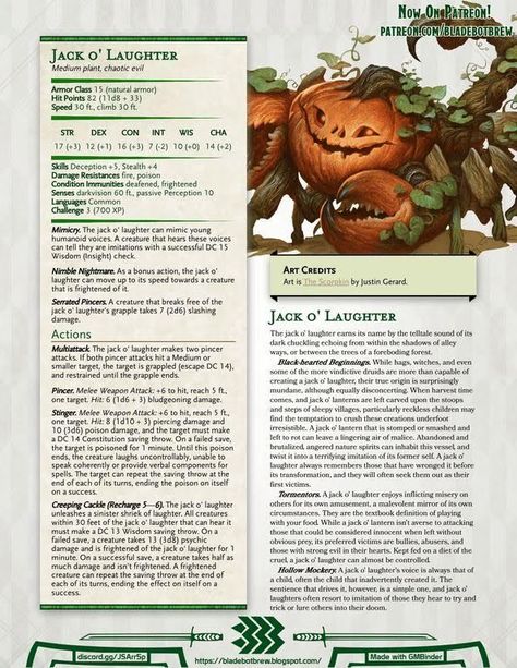 Dnd 5e Halloween Monsters, Dnd Pumpkin Monster, Spooky Dnd Monsters, Feywild Monsters 5e, Dnd Stats Sheet, Dnd Halloween Monsters, Monster Stats 5e, Scary Dnd Monsters, D D Homebrew Monsters