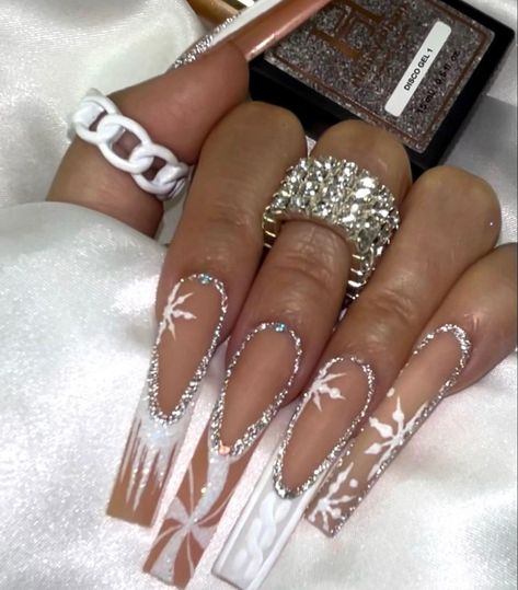 Long White Christmas Nails, Winter Nail Set Ideas, Winter Ice Nails Acrylic, Holiday Nails With Rhinestones, Christmas Nails 2023 Long, Blinged Out Christmas Nails, Winter Wonderland Nails Acrylic Pink, Bling Holiday Nails, Winter Wonderland Quince Nails