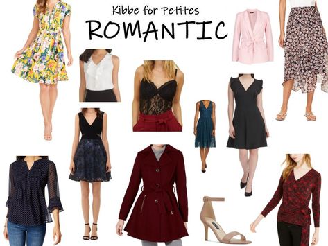 Petite Theatrical Romantic, Romantic Kibbe Body Type Style, Kibbe Romantic Shorts, Romantic Type Kibbe Outfits, Kibbe Romantic Clothes, Petite Romantic Style, Kibbe Romantic Capsule Wardrobe, Romantic Kibbe Style Fashion Looks, Romantic Looks For Women