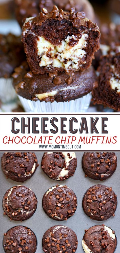 Double Chocolate Cheesecake Muffins, Chocolate Cheesecake Muffins, Cheesecake Chocolate Chip, Resep Muffin, Quick Cheesecake, Double Chocolate Cheesecake, Smores Dessert, Cheesecake Muffins, Coconut Dessert