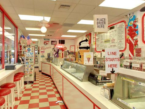 Fun Retro 1950's Malt Shoppe Interior | Regina's Ice Cream Pavilion | Ice Cream Parlor on Fifth Avenue | Naples, Florida 1950 Ice Cream Parlor, 50s Ice Cream Shop, 80s Ice Cream Shop, 60s Ice Cream Parlor, Old Ice Cream Parlor, 90s Ice Cream Shop, Retro Ice Cream Parlor, 1950s Ice Cream Shop, Vintage Ice Cream Parlor Aesthetic