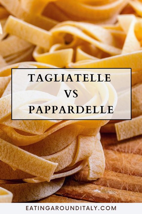 side view of small nests of dried tagliatelle pasta on a wooden board with overlay text box Tagletelli Recipe, Papadeli Pasta, Parpadelle Pasta Homemade, Homemade Pappardelle Pasta, Parpadelle Pasta Recipes, Pappardelle Recipes, Pappardelle Recipe, Tagliatelle Recipe, Pappardelle Pasta