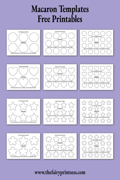 Free printable macaron templates in 4 different shapes (classic circle, heart, star, and flower) and 3 different sizes (1.5 inch, 2 inch, and 3 inch) in easy to download and print PDF files - simply print, layer on baking sheet under parchment or baking paper, pipe over the shapes, and remove template before baking Essen, Macaron Sheet Printable, Macaron Baking Sheet, Macaroons Template Free Printable, Printable Fondant Templates, Macaron Pattern Sheet, Macaron Piping Template, Flower Macaron Template, Heart Macaron Template