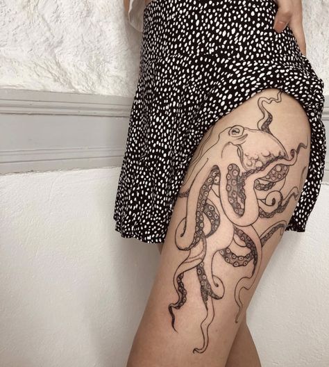 Learn all about the meaning, history, and design options for octopus tattoos. Chest Tattoo With Meaning, Octopus Thigh Tattoos, Octopus Tattoo Sleeve, Octopus Legs, Kraken Tattoo, Octopus Tattoo Design, Octopus Tattoos, Cool Chest Tattoos, Chest Tattoos For Women