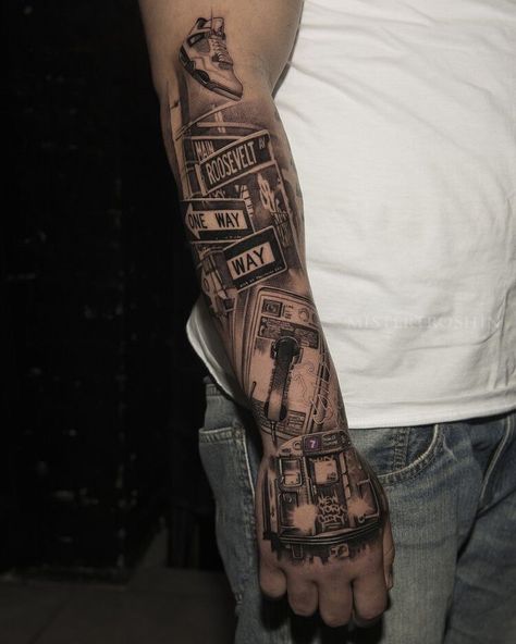 New York Tattoo Sleeve, New York Tattoo Ideas For Men, New York City Tattoo, Tom Tattoo, Train Tattoo, Gladiator Tattoo, Black Men Tattoos, Half Sleeve Tattoos Forearm, New York Tattoo