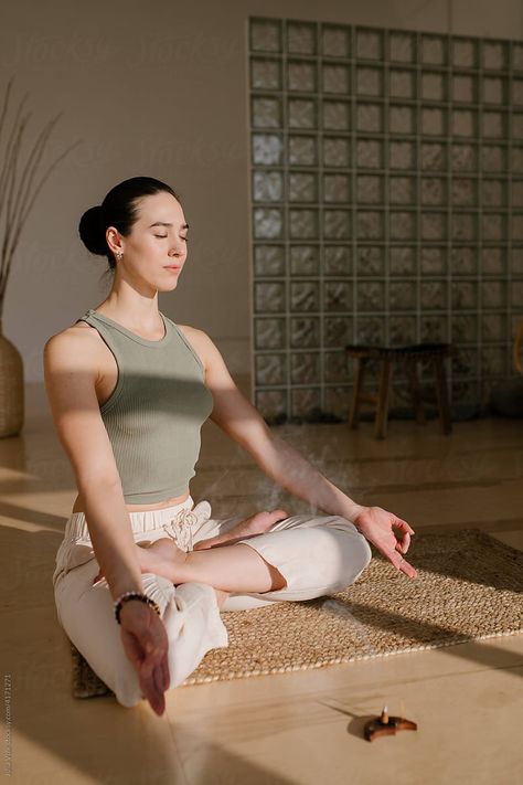 "Female Meditating In Lotus Pose" by Stocksy Contributor "Julia Volk" - Stocksy Yoga Mat Product Photography, Meditation Class Aesthetic, Female Meditating, Meditate Aesthetic, Yoga Inspiration Photos, Photo Yoga, Woman Doing Yoga, Simple Website Design, Upbeat Music