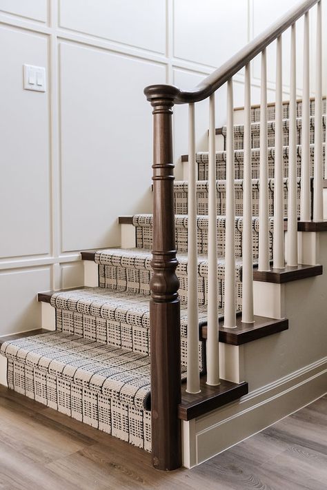 English Tudor Project | Portfolio | RemedyDesignFirm English Tudor Homes Interior, English Tudor Cottage, White Stair Risers, Cottage Stairs, English Tudor Homes, Staircase Runner, Traditional Staircase, Staircase Makeover, Wood Staircase