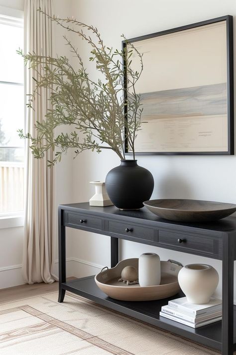 Console table for living room or entryway Black Console Table Decor, Sofa Table Behind Couch, Modern Entry Table, Hallway Table Decor, Modern Entryway Decor, Storage Console Table, Sofa Table Decor, Console Table With Storage, Table Behind Couch