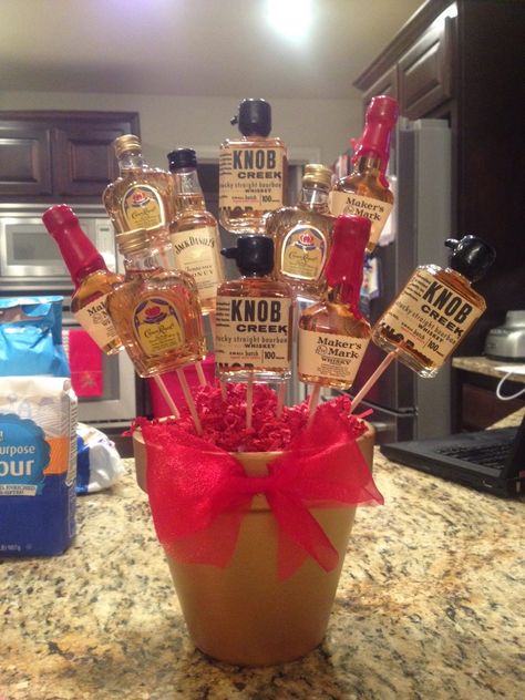 Taking Care of the Goose: How to Make a Liquor Bouquet Mini Alcohol Bouquet, Alcohol Baskets, Liquor Baskets, Liquor Basket, 21st Birthday Gifts For Guys, Alcohol Basket, Booze Bouquet, Alcohol Bouquet, Unique Hair Salon