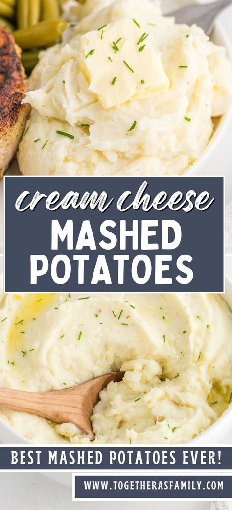 Two photos on a pin of mashed potatoes with a text box in the center with the name of the recipe on it and two text boxes at the bottom with recipe information on them. Mashed Potatoes Recipe Cream Cheese, Cream Cheese Mashed Potatoes Recipe, Cheese Mashed Potatoes Recipe, Cream Cheese Mashed Potatoes, Cheese Mashed Potatoes, Best Mashed Potatoes, Mashed Potatoes Recipe, Diy Easy Recipes, Best Thanksgiving Recipes