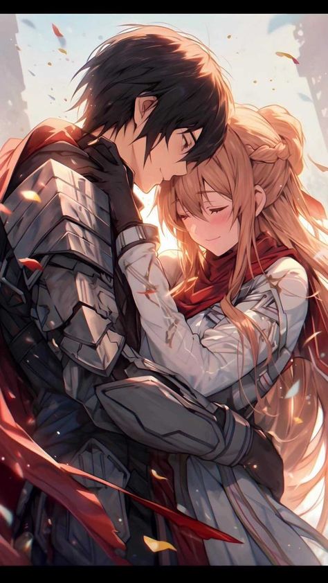 Asuna and Kirito dancing, surrounded by bright light, pink leaf falling from above Sao Kirito And Asuna, Sao Fanart, Asuna Sao, Sao Anime, Kirito Asuna, Images Kawaii, Dessin Adorable, Fanarts Anime, Anime Couples Drawings