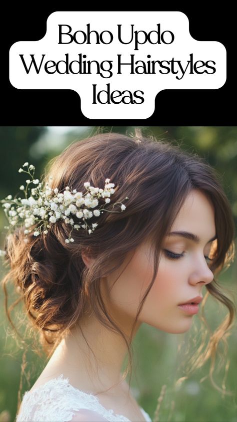 boho updo wedding hairstyles, showcasing elegance and natural beauty, perfect for brides embracing a relaxed, ethereal aesthetic. Boho Updos For Medium Length Hair, Bridal Hair Updo With Flowers, Boho Up Do, Bohemian Wedding Hair Updo, Boho Wedding Hair Short, Bridal Hairstyles Boho, Boho Updo Wedding, Boho Wedding Updo, Whimsical Bridal Hair