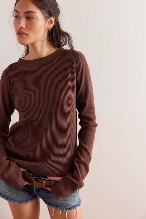 Care FP Honey B Crew Neck | Free People Waffle Knit Tops, Fall Thrift, Brown Tshirt, Waffle Knit Top, Rolling Hills, Crew Neck Top, Cut Off Shorts, Brown Bear, Waffle Knit