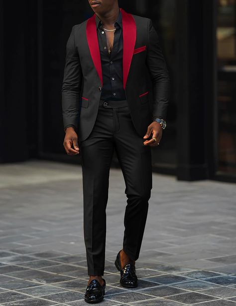 Black And Red Suits Men, Vegas Wedding Mens Outfit, Black And Red Groomsmen Attire, Men’s Holiday Party Outfit, Gray And Red Outfit, Prom Suits For Men Red, Black And Red Tux, Red And Black Wedding Decorations, Prom Suits For Men Unique