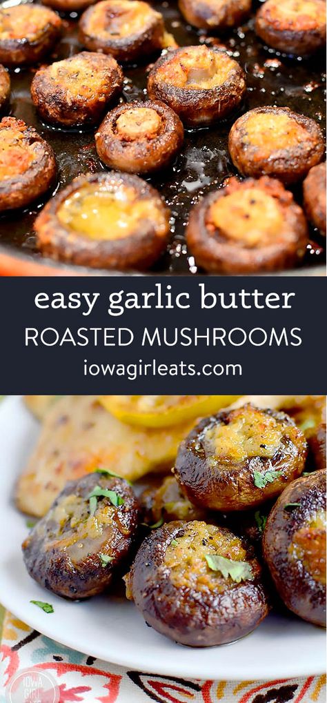 Easy Garlic Butter Roasted Mushrooms is an easy yet impressive gluten free side dish recipe that's totally mouthwatering! iowagirleats.com keywords: gluten free side dish, healthy side dish ideas Garlic Butter Roasted Mushrooms Air Fryer, Gluten Free Recipes Sides, Starch Side Dish, Mushroom Bisque Soup, Garlic Butter Roasted Mushrooms, Holiday Vegetables, Roasted Garlic Mushrooms, Gluten Free Side Dish, Gluten Free Side