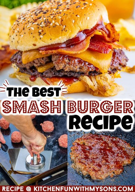 Homemade Bacon Cheeseburgers, Smash Burger Sliders Recipe, Smashed Burgers Recipe, Smashburgers Recipe, Best Smash Burger Recipe, Cheeseburger Recipes, Bacon Burger Recipes, Homemade Burger Patties, Burger Patty Recipe