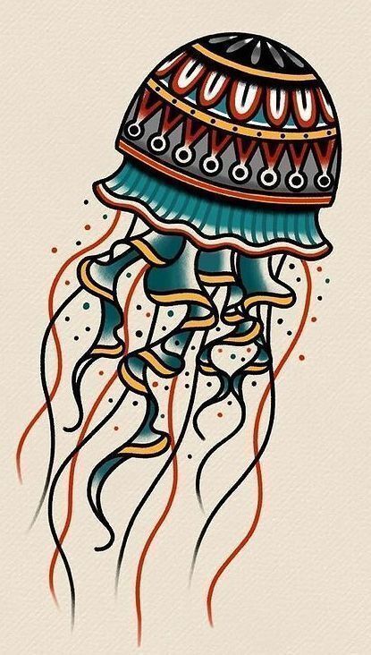 78 Minimalist Tattoos That Will Encourage You To Get Inked Check more at https://howcandothis.com/womenstyle/78-minimalist-tattoos-that-will-encourage-you-to-get-inked-28/ Jelly Fish Tattoo American Traditional, Trad Jellyfish Tattoo, Traditional Style Jellyfish Tattoo, Jellyfish American Traditional Tattoo, American Traditional Tattoos Sea Life, Tropical Traditional Tattoo, Original Traditional Tattoos, Neo Traditional Jellyfish Tattoo, Jelly Fish Tattoo Traditional