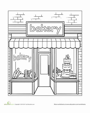 Bakery window coloring page | Bakery Coloring Page | Worksheet | Education.com Bakery Building, House Colouring Pages, Architecture Drawing Art, House Drawing, Urban Sketching, Nightwing, Coloring Book Pages, Colouring Pages, Adult Coloring Books