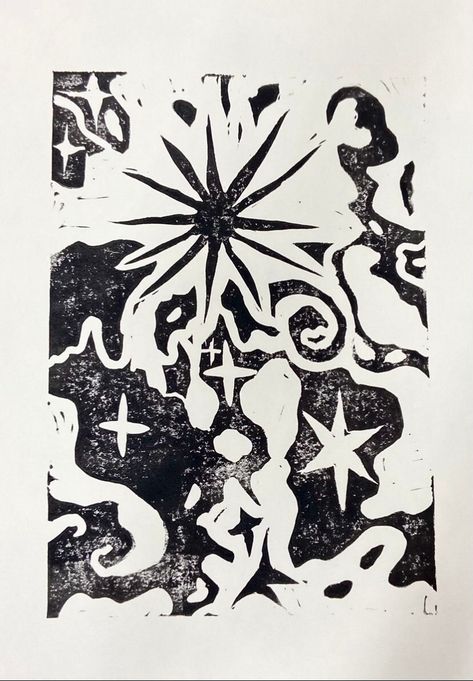 Handmade Lino Print, just under A4 size. Linocut Printmaking, Lino Art, Art Mignon, Posca Art, Linocut Art, Art Et Illustration, Sun And Stars, Art And Illustration, Drawing Tutorials