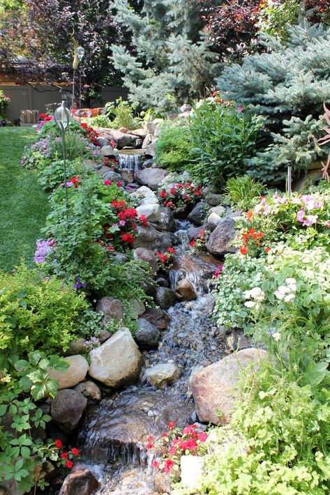 Man made stream Man Made Stream In Yard, Man Made Stream, Pondless Stream, Backyard Streams, Waterfall Designs, Backyard Stream, Garden Stream, Backyard Waterfall, Pondless Waterfall