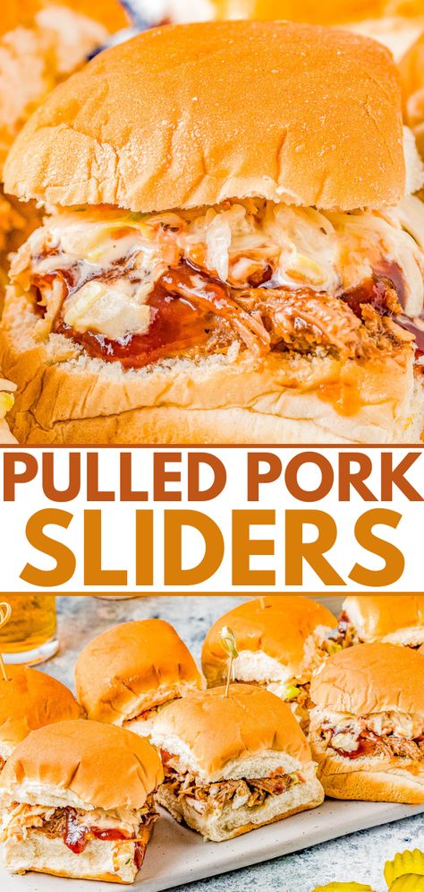 Easy Pulled Pork Sliders - Moist and tender pulled pork, topped with barbecue sauce and coleslaw, and sandwiched between soft Hawaiian rolls! Everyone LOVES these EASY juicy sliders that are finger lickin' good! PERFECT for game days, casual entertaining, backyard barbecues, graduation and Father's Day celebrations. Pork Sliders With Slaw, Slaw For Pulled Pork, Bbq Pulled Pork Sliders, Red Cabbage Slaw Recipes, Dish For A Crowd, Pork Sliders Recipes, Best Pulled Pork, Cabbage Slaw Recipes, Easy Pulled Pork