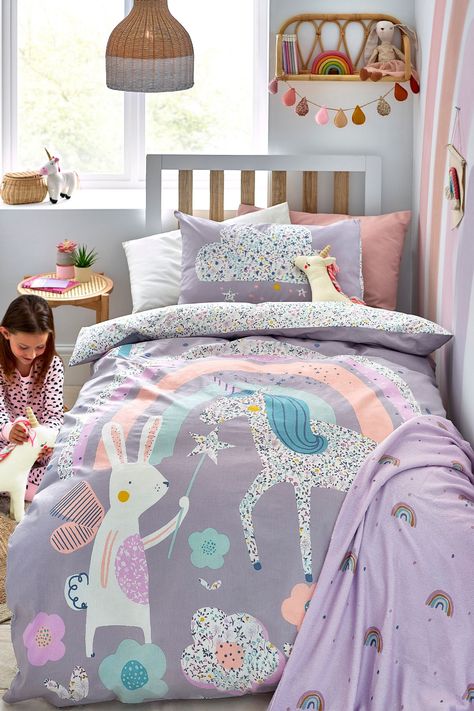 Buy 100% Cotton Ditsy Unicorn Reversible Duvet Cover and Pillowcase Set from the Next UK online shop Childrens Bedding Sets, Unicorn Bedroom, Rainbow Room, Nursery Room Inspiration, Kids Bedding Sets, Toddler Rooms, Reversible Duvet Covers, Girl Beds, Childrens Beds