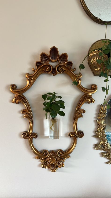 Gold Picture Frame With Plants, Vintage Bathroom Gold Mirror, Sage Green Wall Gold Mirror, Gold Frame Diy Ideas, Gold Vintage Mirror Small, How To Style A Wall Shelf, Picture Frame With Plants, Gold Frame Wall Mirror, Thrifty Wall Decor