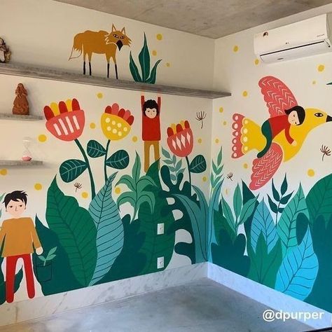 Wall Painting School Art Ideas, Wall Painting Ideas School, Mural Wall Art Kids, Murals For School, Kids Mural Wall, Kids Wall Murals Painted, Children Room Wall Painting, Creative Wall Painting Murals, Nursery Murals Painted