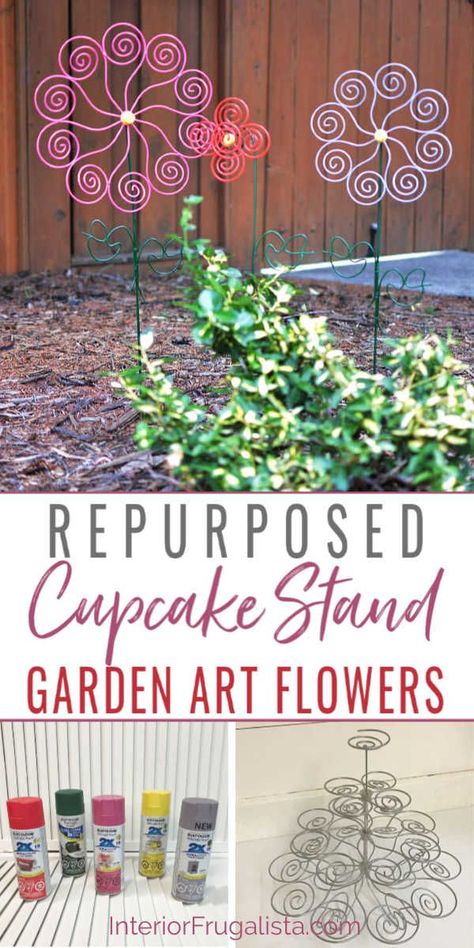 Repurposed Cupcake Stand Garden Art Flowers Metal Cupcake Stand, Whimsical Yard, Yard Art Crafts, Recycled Garden Art, Whimsical Garden Art, Tattoo Plant, Hosta Gardens, Lawn Art, Roses Garden