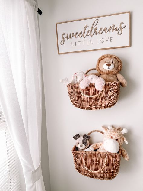 Above Crib Wall Art, Stuffed Animal Shelf Nursery, Hooks In Nursery, Nursery Decor Shelves, Over Dresser Nursery Decor, Cute Nursery Decor, Wall Decor Above Changing Table, Wicker Nursery Decor, Gallery Wall Above Crib