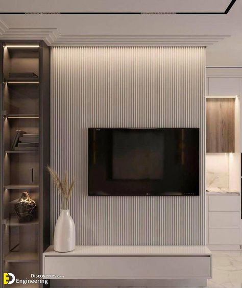 Tv Unit Luxury Design, Wallpaper Behind Tv, Tv Unit Interior Design, Living Room Tv Unit Designs, Living Room Tv Unit, Tv Room Design, Tv Wall Unit, Tv Wall Design, Living Room Design Decor