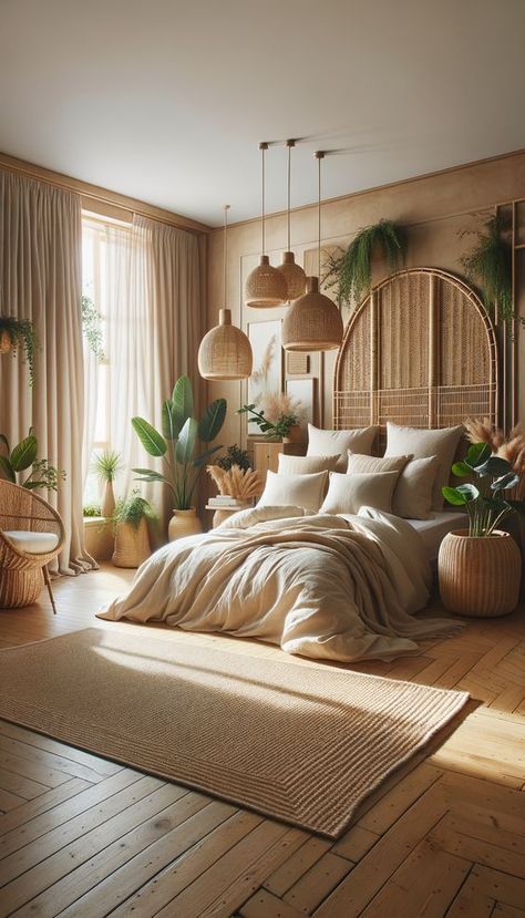 Biophilic Interior Design Bedroom, 4×4 Bedroom Design, Tulum Style Bedroom, Cozy Earthy Bedroom Relaxing, Natural Colour Bedroom, Bali Bedroom Inspiration, Wicker Bedroom Ideas, Natural Wood Bedroom Ideas, Earthy Tones Bedroom