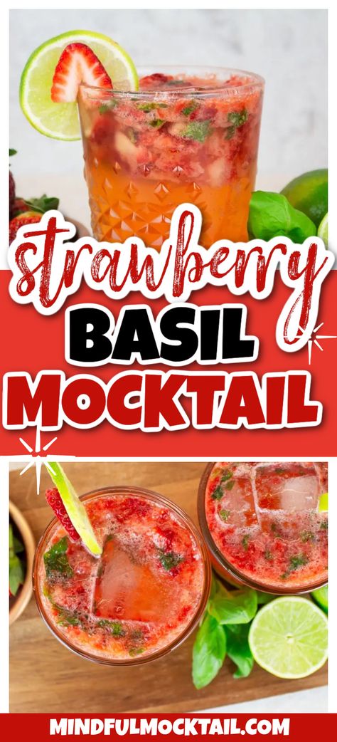 Mocktails Non Alcoholic Basil, Strawberry Mocktail Non Alcoholic, Mocktail Strawberry, Housewarming Bbq, Basil Mocktail, Strawberry Basil Mocktail, Strawberry Basil Vodka Cocktail, Strawberry Mocktail Recipe, Date Syrup Recipes