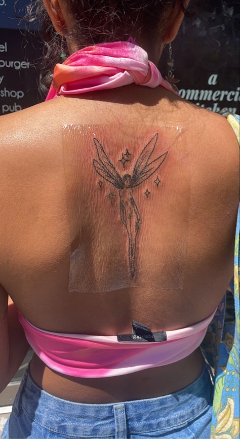 Warrior Fairy Tattoo, Fairy Spine Tattoo, Afro Fairy Tattoo, Black Fairy Tattoo, Pixie Wings Tattoo, Fairy Wings Tattoo, Baddie Tats, Fairy Wing Tattoos, Pixie Tattoo