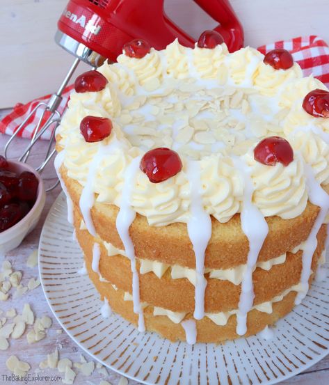 Cherry Bakewell Cake Cherry Bakewell Cupcakes, Cherry Bakewell Cake, Bakewell Cake, Orange Loaf Cake, Almond Buttercream, Cake Almond, Friday Yay, Cherry Bakewell, Cherry Jam