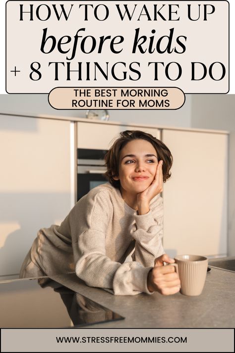 Morning routine for moms. Things to do in the morning before your kids wake up. Self care morning routine for moms to feel better. Morning routine for moms who want to feel better and happier. How to wake up earlier than your kids. via @http://www.pinterest.com/stressfreemom New Mom Morning Routine, Sahm Morning Routine, Morning Routine For Working Moms, Morning Routine With Kids, Morning Routine For Moms, Mom Morning Routine, Self Care Morning Routine, Pregnancy Routine, Wake Up Earlier