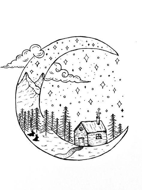 Black and white moon and wilderness sketch Winter Black And White Drawing, Black And White Sketches Simple, Black And White Coloring Pages Aesthetic, Christmas Pencil Drawings Easy, Bujo Black And White, Cute Winter Drawings Easy, Christmas Drawing Black And White, Winter Drawing Ideas Easy, Christmas Sketch Ideas Simple