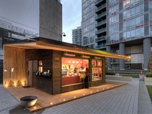 I love all the branches of Vancouver coffee chain JJ Bean, but my favourite might just be this kiosk next to the Canadian Broadcasting Corporation building on Hamilton Street downtown. I went there first during the 2010 Olympics, so have fonds memories of drinking their great coffee in the sunny chill. Shipping Container Cafe, Container Coffee Shop, Container Restaurant, Container Cafe, Small Building, Container Buildings, Container Architecture, Kiosk Design, Container Shop