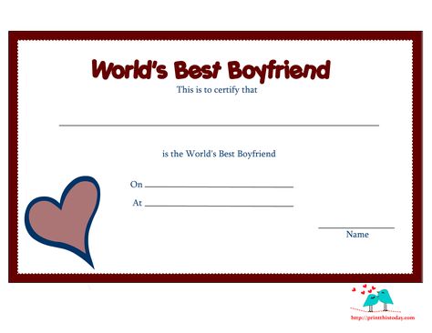 Free Printable Award Certificate Borders | Free Printable World’s Best Boyfriend Certificates | Print This ... Best Boyfriend Certificate, Boyfriend Certificate, Best Boyfriend Award, Gifts For Boyfriend Anniversary, Anniversary One Year, Funny Certificates, Free Certificate Templates, Boyfriend Anniversary, Award Template