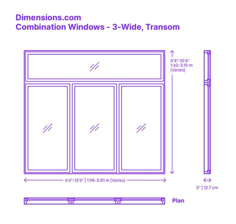 The 3-Wide Transom combination window is a tasteful design that features three vertical panels in a single horizontal row, topped by a continuous transom gracefully spanning all three panels in the second row. This three-panel-wide layout expertly merges form and function, ensuring a generous influx of natural light and presenting extensive views. Downloads online #windows #buildings #construction Three Windows In A Row, 3 Panel Window, Standard Window Sizes, Floor Plan Symbols, Aluminum Doors, Window Dimensions, Elevation Drawing, Office Interior Design Modern, Tall Windows