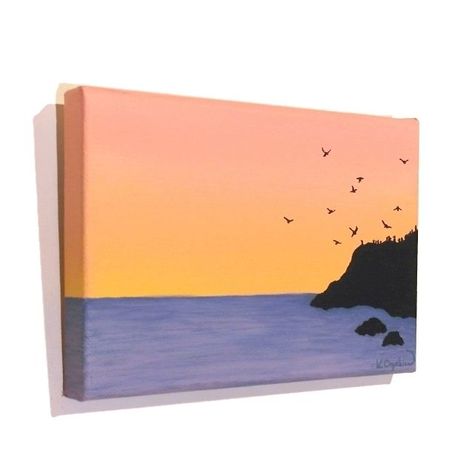 Silhouette Of Birds, Dawn Painting, Small Canvas Painting, Small Acrylic Painting, Pinky Orange, Nature Canvas Painting, Bird Silhouettes, Vinyl Art Paint, Small Canvas Paintings