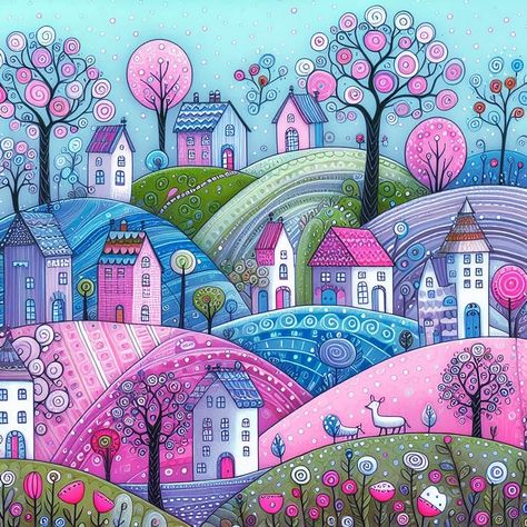 Whimsical Worlds of Houses & Hills 4 Whimsical Art Landscape, Naive Art Houses, Whimsical Houses Art, Whimsical Houses, High Hills, Whimsy Art, Whimsical Art Paintings, Naive Painting, Painted Pots Diy