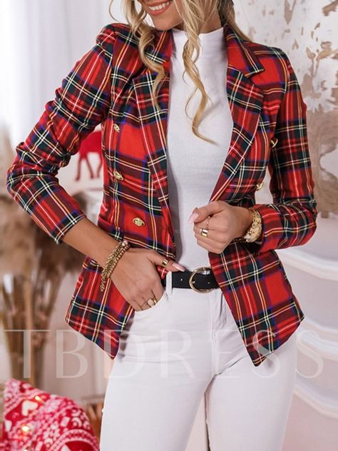 Notched Lapel Double-Breasted Plaid Long Sleeve Regular Women's Casual Blazer Christmas Casual Outfits, Womens Professional Suits, Tartan Outfit, Red Prints, Winter Coat Short, Red Plaid Skirt, Blazer Casual, Blazer Outfit, Polyester Jacket