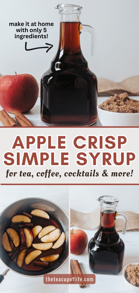 Step aside pumpkin, apple is here! This homemade Apple Crisp Simple Syrup is made with brown sugar, apples and cinnamon to taste like the timeless fall dessert. Use this simple syrup to sweeten and flavour tea, coffee, ice cream and so much more. Apple Crisp Simple, Brown Sugar Simple Syrup, Homemade Apple Crisp, White Chocolate Syrup, Simple Syrup Recipe, Apples And Cinnamon, Brown Sugar Syrup, Simple Syrup Recipes, Sugar Apples